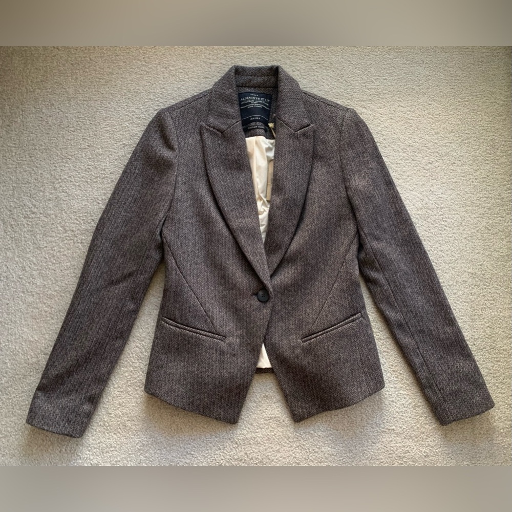 ALLSAINTS Canonbury Jacket | US 4 | UK 8 |Herringbone Wool Blazer Brown
